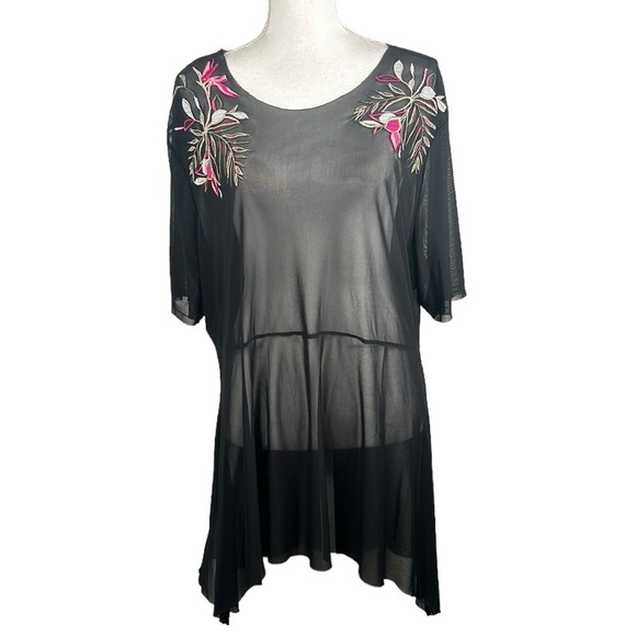 Lane Bryant Black Sheer Floral Boho Embroidered Short Sleeve Top Size 22/24 - Picture 1 of 6